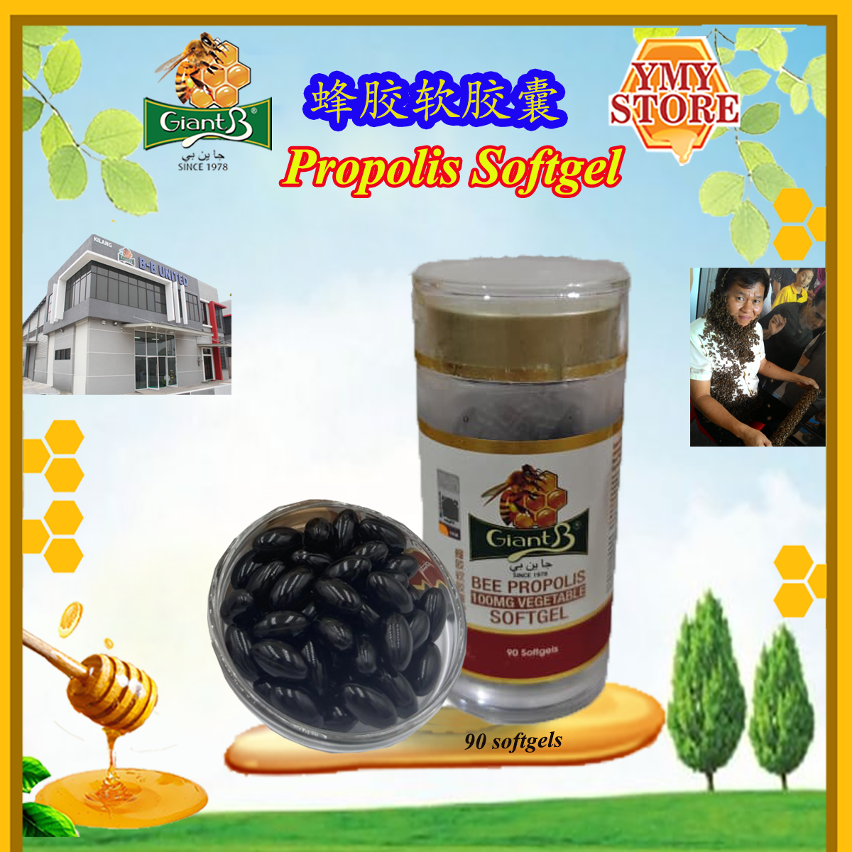 Bee Propolis Capsules Kapsul 100mg Vegetable Softgels 蜂胶软胶囊 YMY Store Giant B